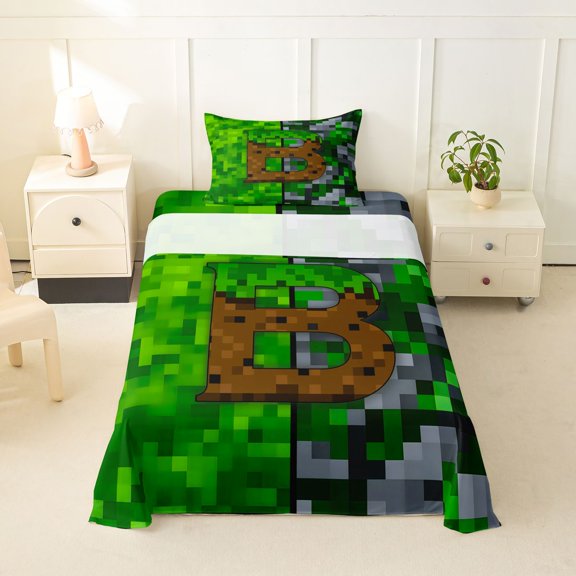 Feelyou Pixel Game Letter B Twin Sheets for Kids Boys, Green Brown Blocks Abstract Bedding, 3-Piece, 1 Flat Sheet, 1 Fitted Sheet and 1 Pillowcase