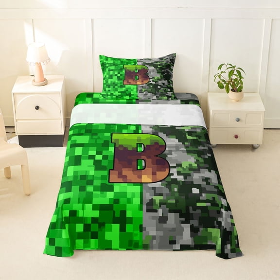 Feelyou Pixel Grass B Initial Twin Sheet Sets for Boys, Gamer Block Monogram Bedding, Green Brown, 3pcs