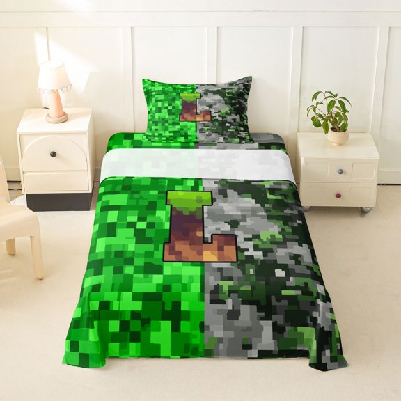 Feelyou Pixel Grass L Initial Twin Sheet Sets for Boys, Gamer Block Monogram Bedding, Green Brown, 3 Pieces