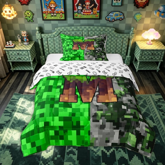 Feelyou Pixel Grass M Initial Twin Comforter Sets for Boys, Gamer Block Monogram Bedding Set, Green Brown, Gamepad Reversible, 2-Piece