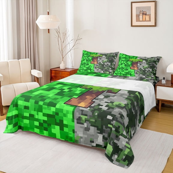 Feelyou Pixel Grass T Initial Bed Sheets for Boys, Gamer Block Monogram King Sheets, Green Brown, 4pcs