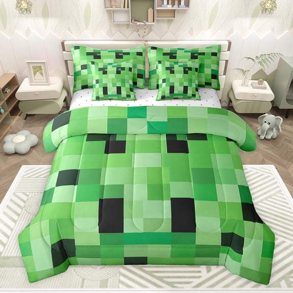 Feelyou Pixel Grid Miners Bedding Comforter Set 7pcs, Cartoon Gaming Gamer Queen Bedding Sets, Teens Kids Boys Girls Reversible Queen Sheet Sets, Lightweight Room Decor