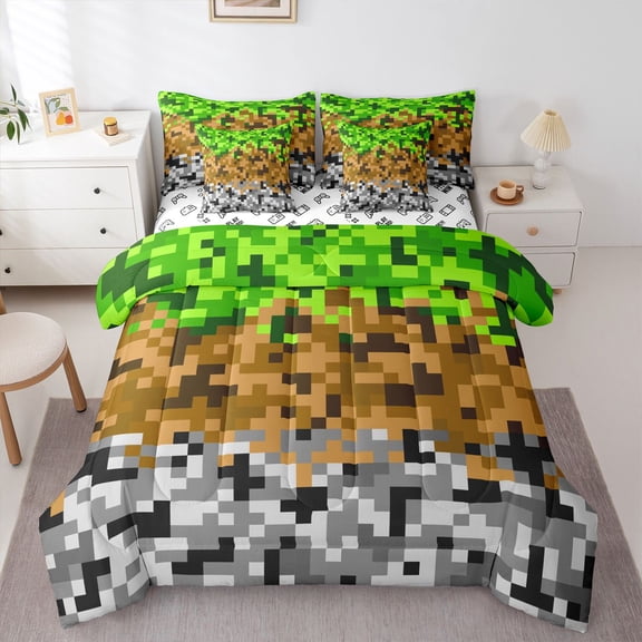 Feelyou Pixel Grid Miners Bedding Comforter Set 7pcs, Square King Bedding Sets