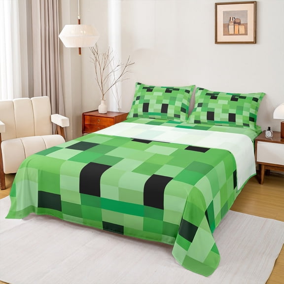 Feelyou Pixel Grid Miners Full Size Sheets, Cartoon Gaming Gamer Bed Sheets, Teens Kids Boys Girls Sheet Sets, Lightweight Room Decor, 4 Pieces