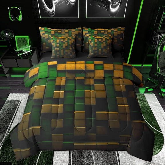 Feelyou Pixel Grid Miners Twin Bedding Sets 7-Piece, Video Games Plaid Lattice Bedding Comforter Set, Modern Check Green Brown Reversible Sheet Sets, Ultra Soft Bedroom Decor