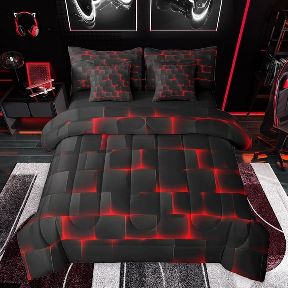 Feelyou Pixel Grid Miners Twin Bedding Sets 7-Piece, Video Games Plaid Lattice Bedding Comforter Set, Modern Honeycomb Abstract Reversible Sheet Sets, Lightweight Room Decor