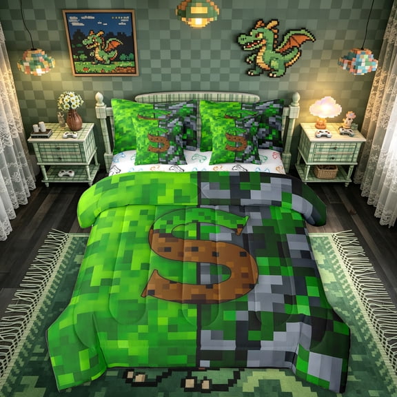 Feelyou Pixel Grid Miners Twin Bedding for Kids Boys, Initial S Letter Bedding Comforter Set, Green Brown, Gamepad Reversible, 7pcs