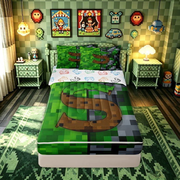Feelyou Pixel Grid Miners Zipper Twin Comforter Sets with Fitted Sheet and 2 Pillowcases for Kids Boys, Initial S Letter Zipper Bedding Set, Green Brown, Gamepad Reversible, 4pcs