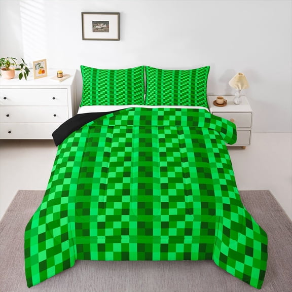 Feelyou Pixelate Miner Full Size Comforter Sets, Green Square Abstract Bedding Sets, 3pcs