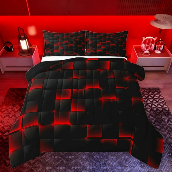 Feelyou Pixelate Miner Game Bedding Comforter Set, Neon Gradient Square Twin Comforter Sets, Honeycomb Black Red Reversible Bedding Set, Super Cozy Room Decor, 2pcs