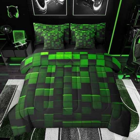 Feelyou Pixelate Miner Game Twin Bedding Sets 7-Piece, Check Video Games Bedding Comforter Set, Gamepad Camo Black Green Reversible Sheet Sets, Breathable Home Decor