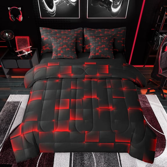 Feelyou Pixelate Miner Game Twin Bedding Sets 7-Piece, Neon Gradient Square Bedding Comforter Set, Honeycomb Black Red Reversible Sheet Sets, Super Cozy Room Decor