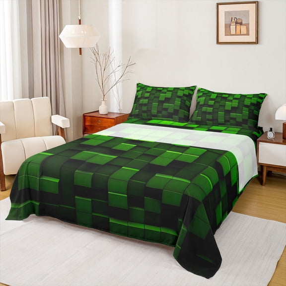 Feelyou Pixelate Miner Game Twin Sheet Sets, Check Video Games Twin Fitted Sheet, Gamepad Camo Black Green Flat Sheet, Breathable Home Decor, 3-Piece