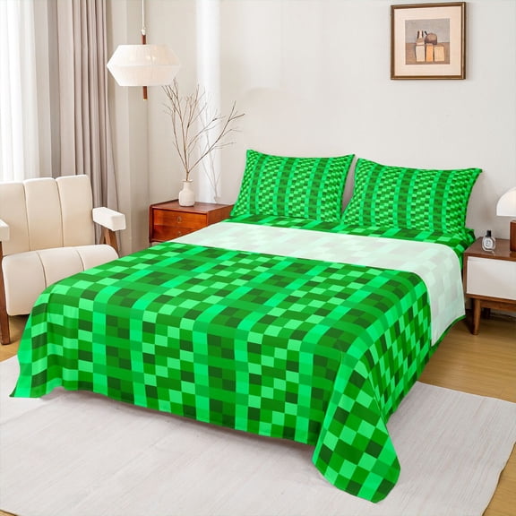 Feelyou Pixelate Miner Teens Bed Sheets, Green Square Abstract King Sheets, 4pcs