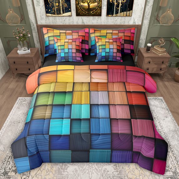 Feelyou Pixelate Miner Teens Bedding Comforter Set 7pcs, Colorful Square Abstract Queen Bedding Sets, Modern Fashion Art Reversible Queen Sheet Sets, Breathable Home Decor
