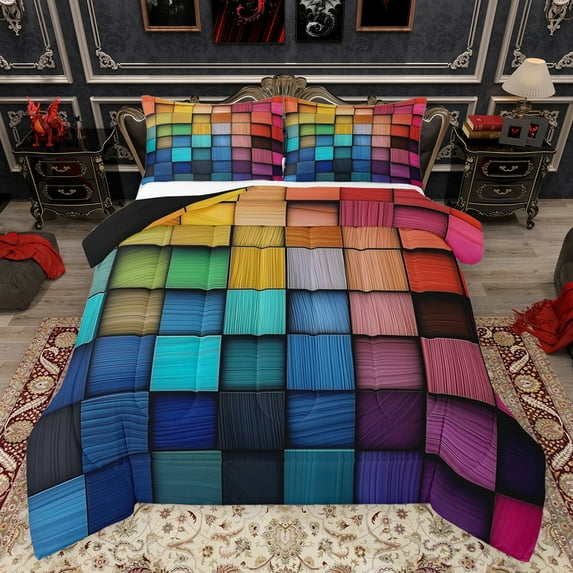 Feelyou Pixelate Miner Teens Bedding Comforter Set, Colorful Square Abstract Twin Comforter Sets, Modern Fashion Art Reversible Bedding Set, Breathable Home Decor, 2-Piece