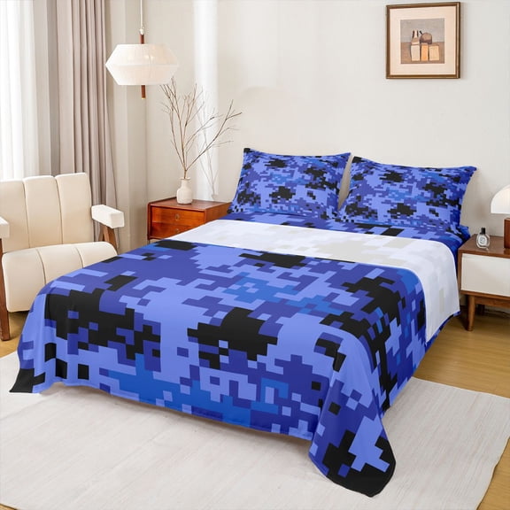 Feelyou Pixelate Miner Teens Twin Sheet Sets, Retro Blue Square Camo Bedding, 3pcs
