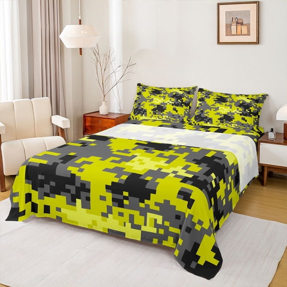 Feelyou Pixelate Miner Teens Twin Sheet Sets, Retro Yellow Camouflage Bedding, 3pcs
