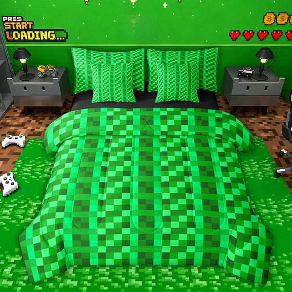 Feelyou Pixelate Miner Twin Bedding Sets 7pcs, Green Square Abstract Bedding Comforter Set
