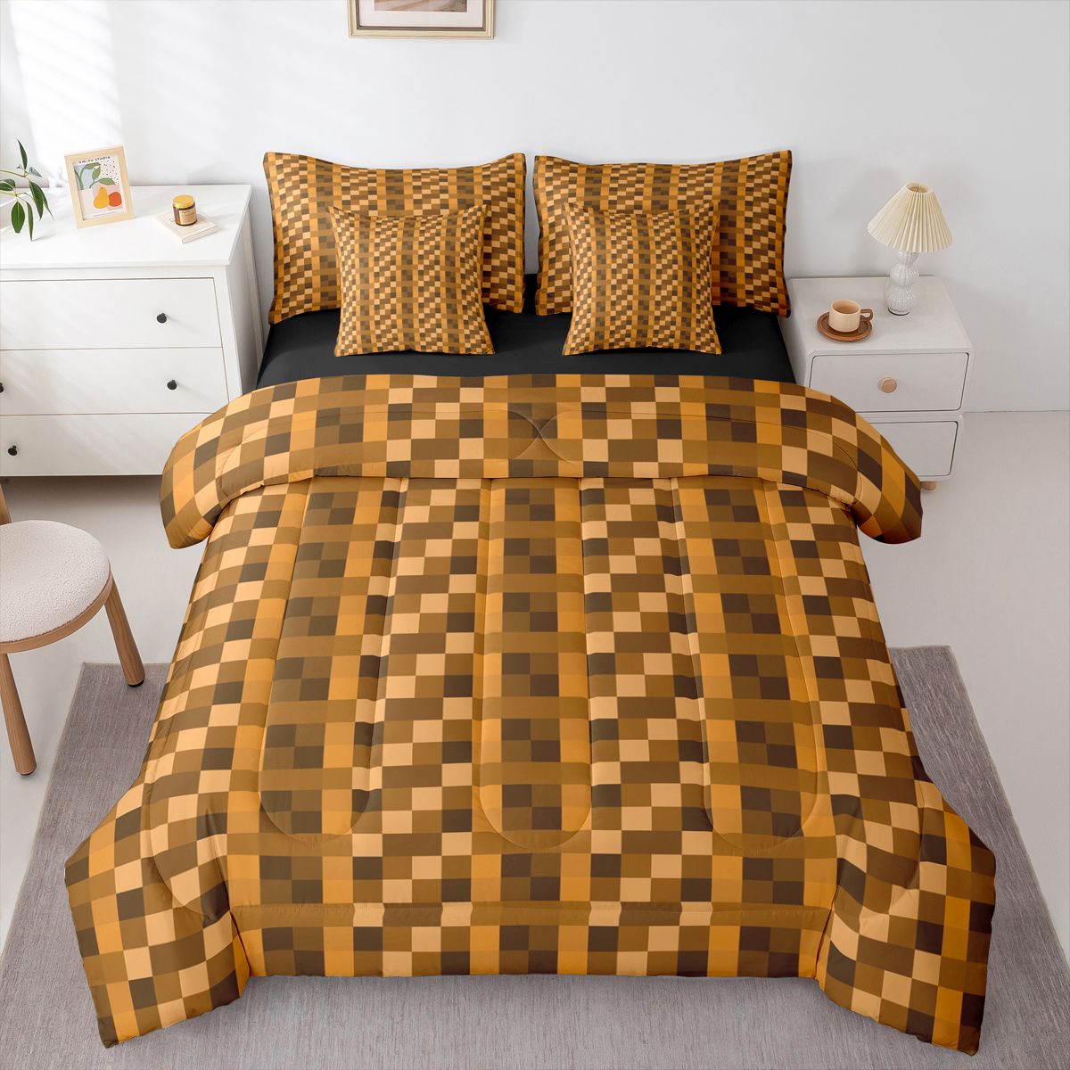 Feelyou Pixelated Blocks Miners Comforter Set 7pcs, Brown Rectangle Boy ...