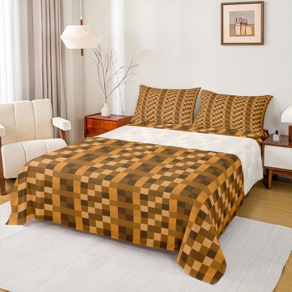 Feelyou Pixelated Blocks Miners Full Size Sheets, Brown Rectangle Boy Bed Sheets, 4-Piece
