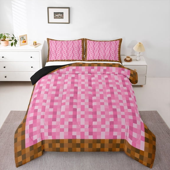 Feelyou Pixelated Blocks Miners Queen Comforter Set, Pink Brown Camo Bedding Set, 3pcs