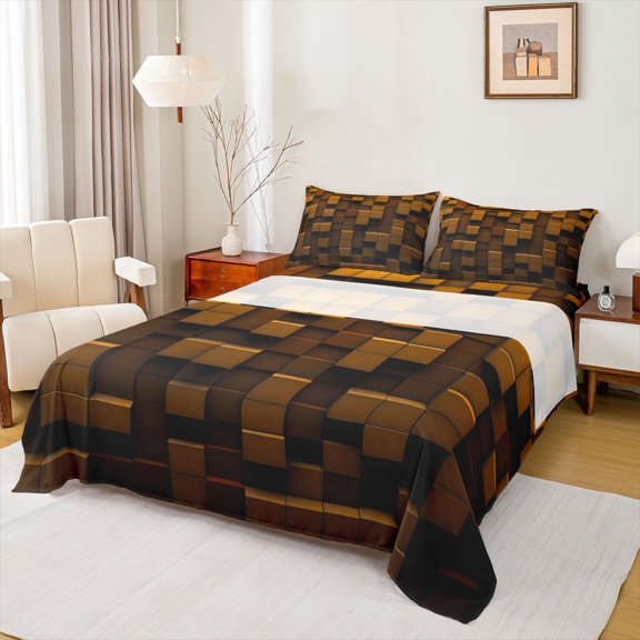 Feelyou Pixelated Blocks Miners Queen Sheet Sets, Brown Grid Patchwork Flat Sheet, Modern Video Gamepad Queen Fitted Sheet, Super Cozy Room Decor, 4 Pieces