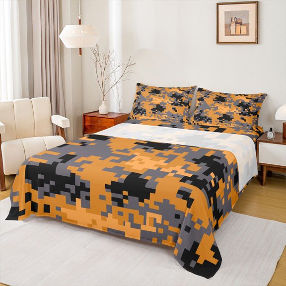 Feelyou Pixelated Blocks Miners Queen Sheet Sets, Orange Square Bed Set, 4-Piece