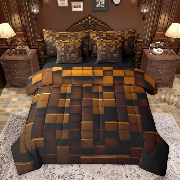 Feelyou Pixelated Blocks Miners Twin Bedding Sets 7-Piece, Brown Grid Patchwork Bedding Comforter Set, Modern Video Gamepad Reversible Sheet Sets, Super Cozy Room Decor