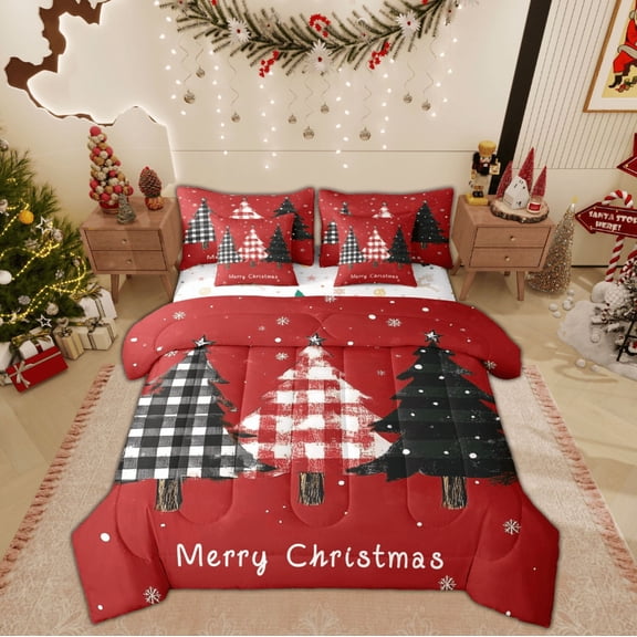 Feelyou Plaid Christmas Tree Bedding Comforter Set 7pcs, Happy Festival King Bedding Sets, Cartoon Xmas Theme Reversible Bed Sheets, Breathable Home Decor
