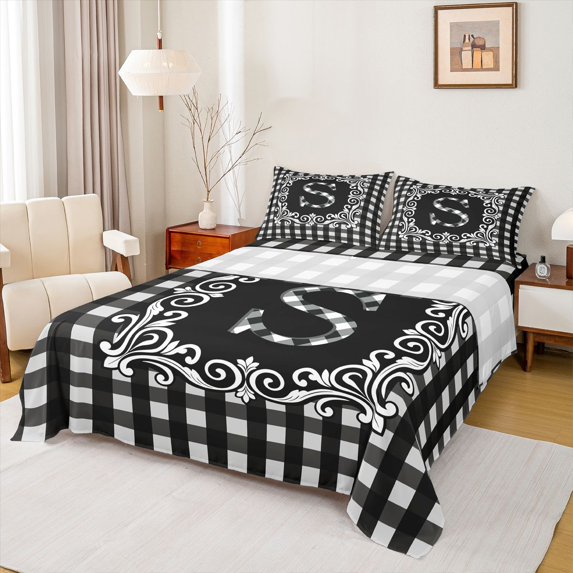 Feelyou Plaid Letter S Queen Sheet Sets for Kids, Black White Buffalo Flat Sheet, Retro Damask Floral Queen Fitted Sheet, Breathable Home Decor, 4-Piece