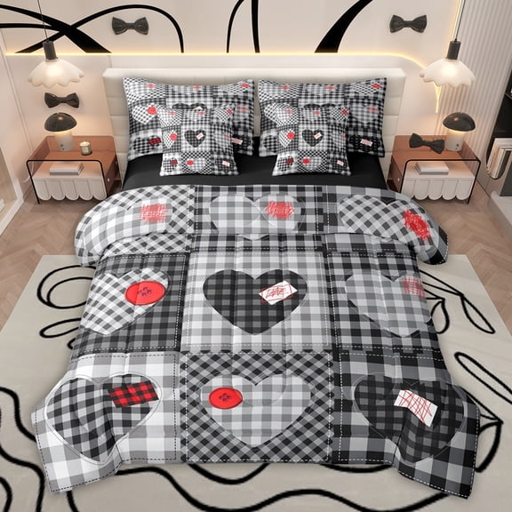 Feelyou Plaid Love Heart Bedding Comforter Set 7pcs, Modern Fashion Patchwork King Bedding Sets, Black Check Buffalo Reversible Bed Sheets, Lightweight Room Decor