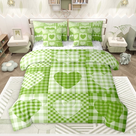 Feelyou Plaid Love Heart Bedding Comforter Set 7pcs, Modern Fashion Patchwork Queen Bedding Sets, Green Check Buffalo Reversible Queen Sheet Sets, Breathable Home Decor