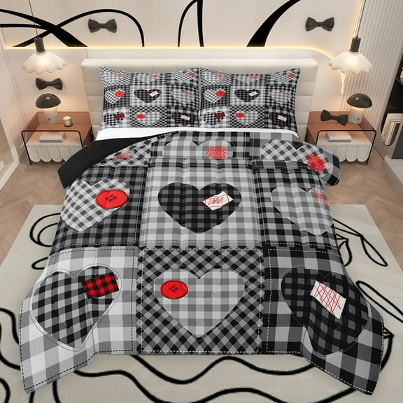 Feelyou Plaid Love Heart Bedding Comforter Set, Modern Fashion Patchwork Twin Comforter Sets, Black Check Buffalo Reversible Bedding Set, Lightweight Room Decor, 2 Pieces