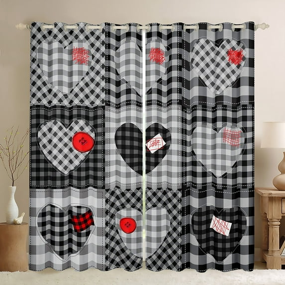 Feelyou Plaid Love Heart Black Out Curtains, Modern Fashion Patchwork Curtains Pack of 2 (42x63 Each), Black Check Buffalo Bedroom Curtains, Curtains and Drapes Decor
