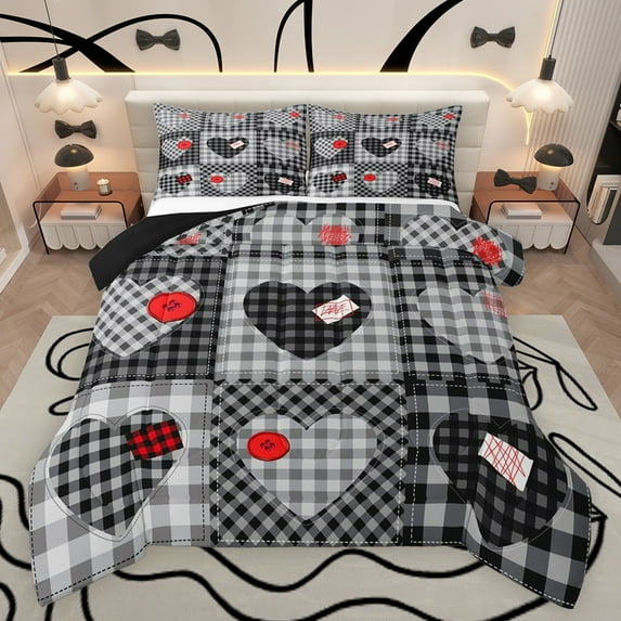 Feelyou Plaid Love Heart Queen Comforter Set, Modern Fashion Patchwork Bedding Sets, Black Check Buffalo Reversible Bedding Comforter Set, Lightweight Room Decor, 3 Pieces
