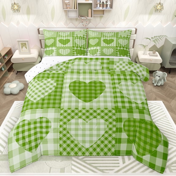 Feelyou Plaid Love Heart Queen Comforter Set, Modern Fashion Patchwork Bedding Sets, Green Check Buffalo Reversible Bedding Comforter Set, Breathable Home Decor, 3 Pieces