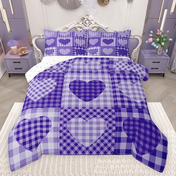 Feelyou Plaid Love Heart Queen Comforter Set, Modern Fashion Patchwork Bedding Sets, Purple Check Buffalo Reversible Bedding Comforter Set, Lightweight Room Decor, 3 Pieces
