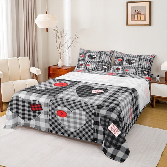 Feelyou Plaid Love Heart Twin Sheet Sets, Modern Fashion Patchwork Twin Fitted Sheet, Black Check Buffalo Flat Sheet, Lightweight Room Decor, 3 Pieces