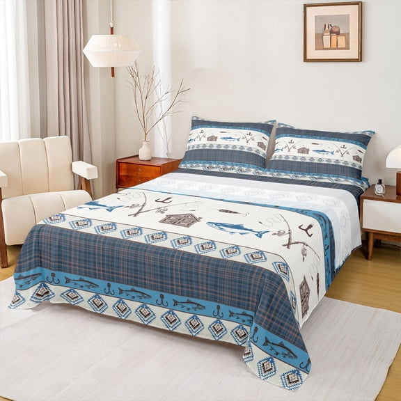 Feelyou Plaid Tribal Fishing Queen Sheet Sets for Men Boys Kids, Rustic Cabin Fishing Marine Bed Set, Blue, 4 Pieces