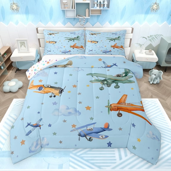 Feelyou Plane Aircraft Print Full Size Comforter Sets for Kids, Blue Stars Galaxy Bedding Comforter Set, Cartoon Airplane Reversible Bedding Sets, Ultra Soft Bedroom Decor, 3pcs