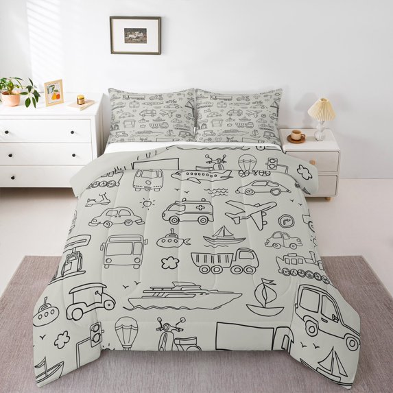 Feelyou Plane Aircraft Print Queen Comforter Set for Kids, Grey Car Train Truck Bedding Sets, Cartoon Vehicle Theme Reversible Bedding Comforter Set, Super Cozy Room Decor, 3pcs