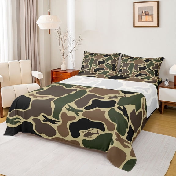 Feelyou Plane Camo Bed Sheets for Boys, Rustic Camouflage King Sheets, Green, 4pcs