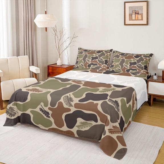Feelyou Plane Camo Print Full Size Sheets for Boys, Rustic Camouflage Bed Sheets for Bedroom, Green, 4 Pieces