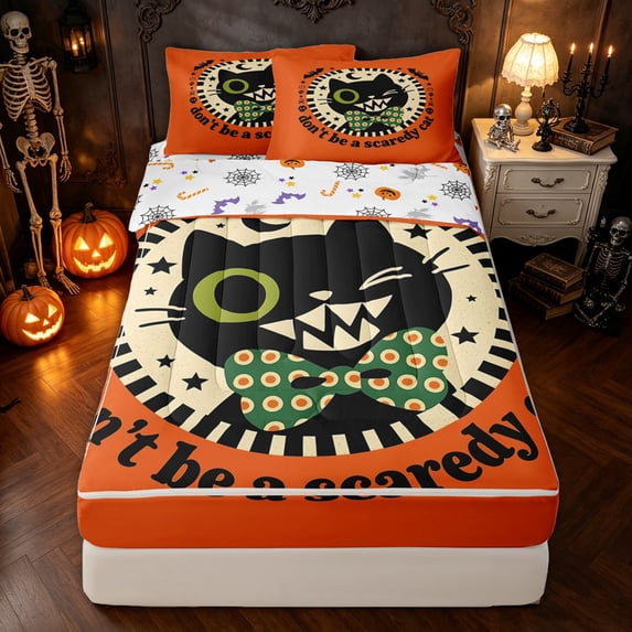 Feelyou Polkadot Bowknot Cat Zipper Twin Comforter Sets with Fitted Sheet and 2 Pillowcases, Spooky Moon Bat Zipper Bedding Set, Orange, Halloween Reversible, 4 Pieces
