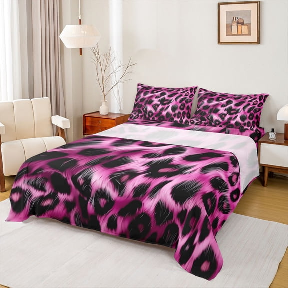Feelyou Polkadot Leopard Print Twin Sheet Sets, Fashion Black Pink Bedding, 3pcs