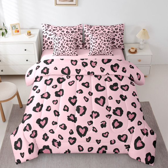 Feelyou Polkadots Bedding Comforter Set 7pcs, Love Heart Leopard Print Full Bedding Set