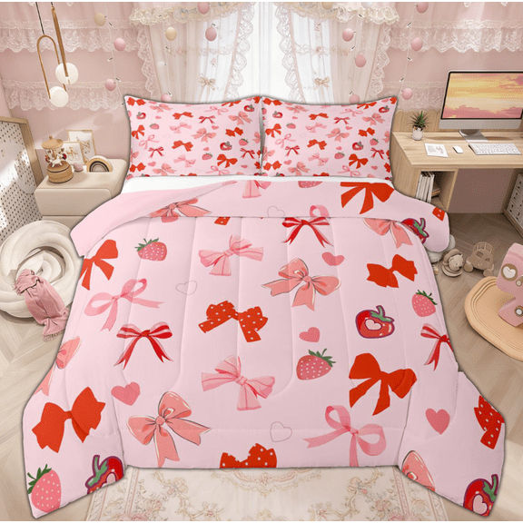 Feelyou Polkadots Ribbon Bedding Comforter Set for Girl, Cute Princess Bowknot Twin Comforter Sets, Cartoon Strawberry Reversible Bedding Set, Super Cozy Room Decor, 2-Piece