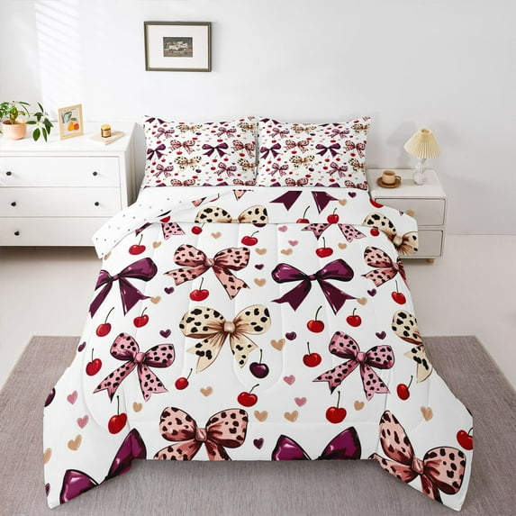 Feelyou Polkadots Ribbon Bow Twin Comforter Sets, Cherry Love Heart Bedding Set, 2 Pieces