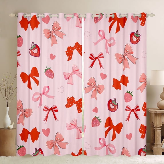 Feelyou Polkadots Ribbon Curtains Pack of 2 (42x84 Each) for Girl, Cute Princess Bowknot Curtains Blackout, Cartoon Strawberry Bedroom Curtains, Blackout Curtains Room Decor